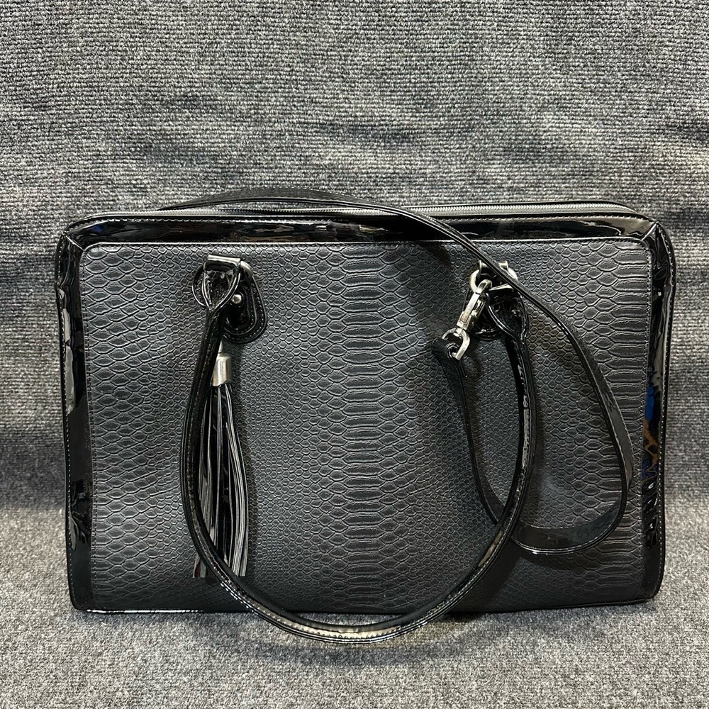 MY BEST FRIEND IS A BAG Black Patent Faux Snakeskin Laptop Computer Tote Satchel